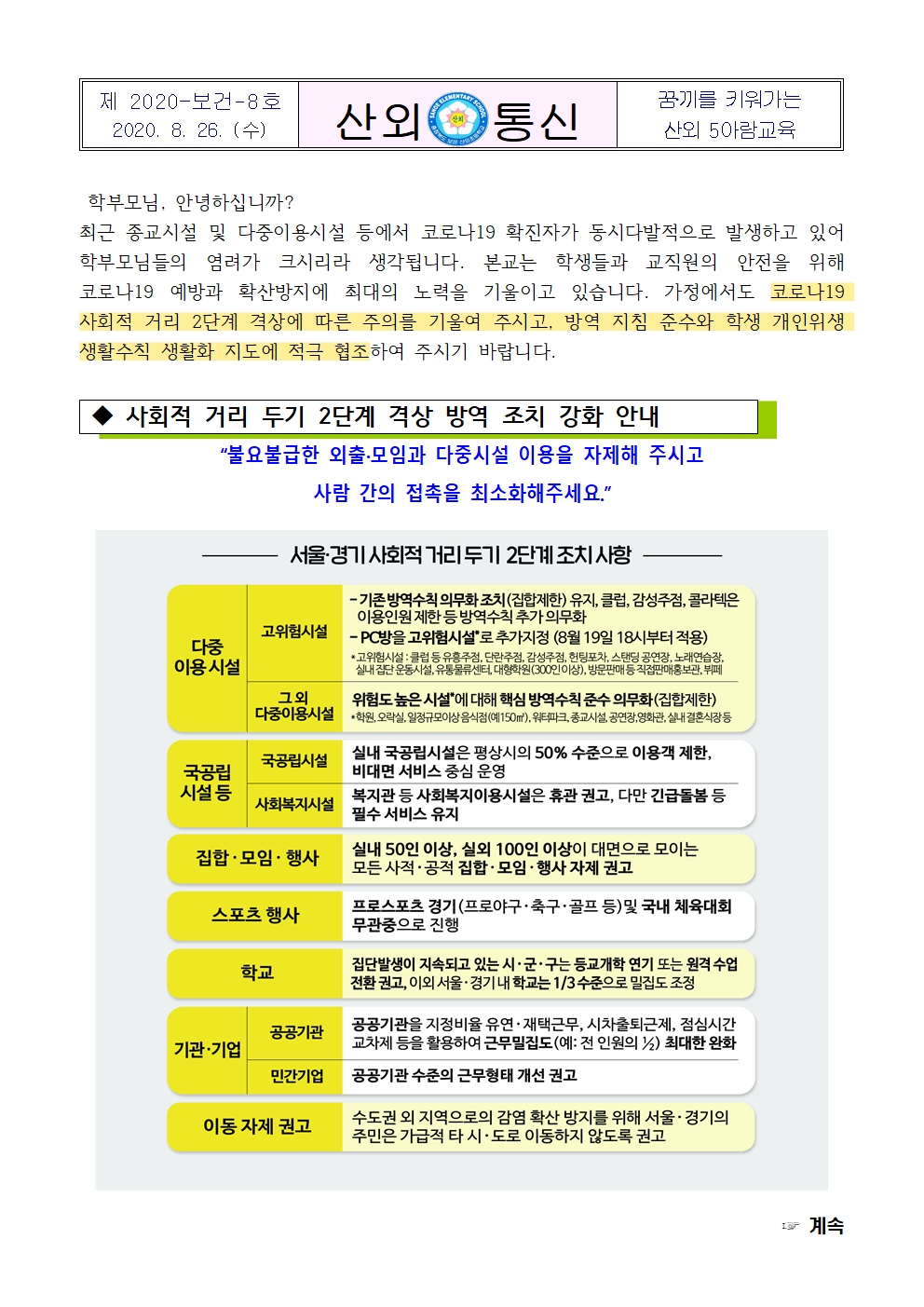 사회적 거리두기 2단계 격상에 따른 협조 안내문001